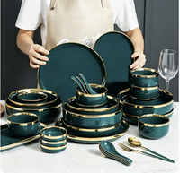 Service de vaisselle en céramique de luxe vert, assiettes à dîner, assiettes à salade, bols à soupe, pour restaurant et hôtel