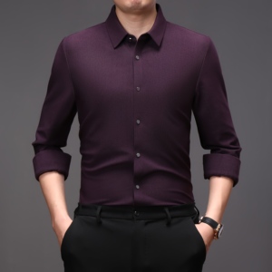 Áo sơ mi nam cổ xuống cổ áo dài tay phong cách mới màu trơn không ủi cho người trung niên cho mùa hè - Product Image 3