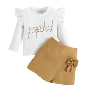 Flutter Long Sleeve Cotton Top And Elastic Waistband Shorts Clothing Set For Kids