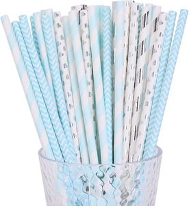 Confezione di cannucce di carta blu e argento riutilizzabili 100 per feste e compleanni - Product Image 1