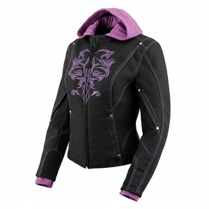 Chaqueta de Motocicleta Premium OEM para Mujer, con Capucha, para Invierno, con Cierre, Manga Larga, Negra, Morada, Reflectante, Transpirable, de Nailon, con Diseño Paisley - Product Image 1