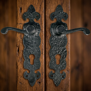 Poignée de porte traditionnelle en fer noir avec plaque, profil européen 85 mm, design d'entrée ambidextre - Product Image 3