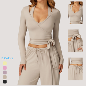 3 Piece Yoga Set Women One Piece <strong>Wrap</strong> Long Sleeve Tank Wide Leg <strong>Pants</strong> Quick Dry Activewear Fitness Outfit - Product Image 2