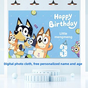 Affiche de 3e anniversaire sur le thème de <span class=keywords><strong>Bluey</strong></span> pour bébé, avec photo de <span class=keywords><strong>Bluey</strong></span> <span class=keywords><strong>et</strong></span> <span class=keywords><strong>Bingo</strong></span>, fond en panneau KT, impression numérique moderne pour fête - Product Image 4