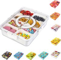 Plateau de service en plastique transparent, boîte de rangement pour épices, boîte de rangement pour collations, boîte de rangement pour collations, plateau de service divisé avec couvercle et poignée