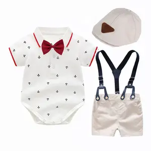 Нежный комплект одежды для новорожденных мальчиков, рубашка с принтом, комбинезон + комбинезоны + шапка, комплект одежды, одежда