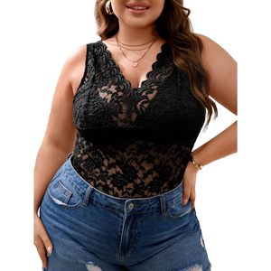 Camiseta sin mangas de encaje floral para mujer, talla grande, cuello en V, ribete festoneado, corte regular - Product Image 2
