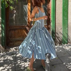 Nouvelle Arrivée Printemps Robe Décontractée de Haute Qualité Y2K à Bretelles Fines et Ourlet Bouffant en Lin et Coton Maxi Rayée pour Femme - Product Image 2