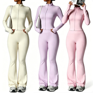 Women 2 Piece Tracksuit Set Custom Logo Y2K Active Wear Full Zip Jacket Flare Pants Jogger Yoga Gym Fitness Workout <strong>Clothing</strong> - Product Image 1