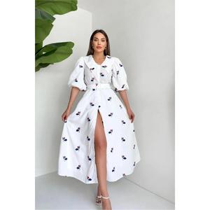 Robe trapèze blanche à col Peter Pan et imprimé floral, avec ceinture, taille naturelle, en tissu tissé respirant, pour usage quotidien décontracté - Product Image 4