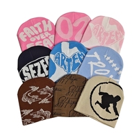Topi Beanie Rajut Jacquard Desain Grafis Logo Kustom Y2K, Streetwear Tanpa Lipatan, Bolak-Balik