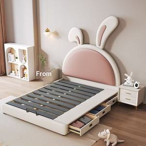 <span class=keywords><strong>Lit</strong></span> pour enfants simple et moderne de luxe léger avec un design de lapin de dessin animé, rangement en <span class=keywords><strong>bois</strong></span> massif et cuir ultrafilm pour ensembles de chambre à coucher - Product Image 4