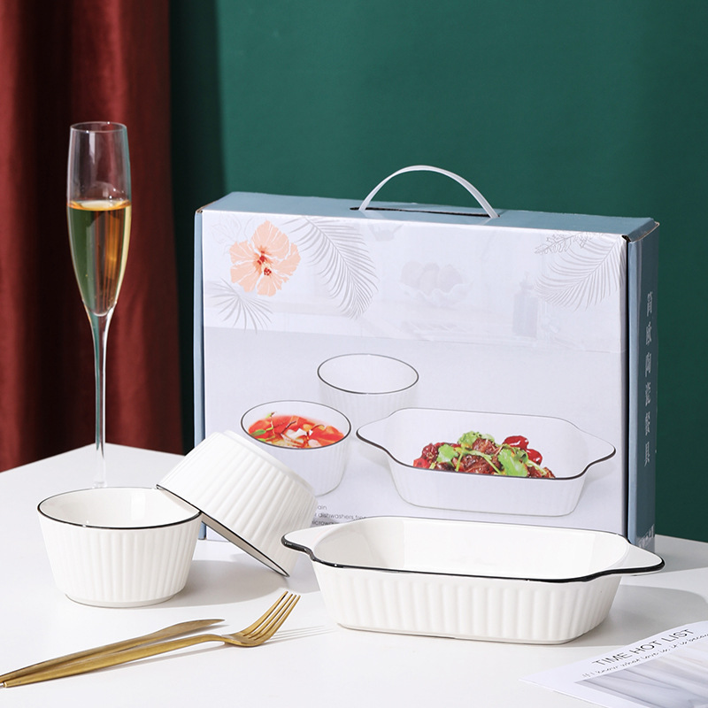 1 baking pan + 2 bowls set-White