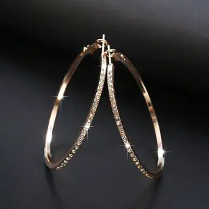 Anting-Anting Lingkaran Besar Wanita, Perhiasan Anting-Anting Hoop Bulat Berlian Imitasi Kristal Mode 2021, Anting Sederhana Warna Emas, Lingkaran Besar untuk Wanita