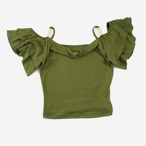 Blusa Casual Verde Y2K para Mujer, Estilo Vintage, con Hombros Descubiertos, Cuello Drapeado, Tirantes con Cuentas, Manga con Volantes, Corte Ajustado y Corto - Product Image 6