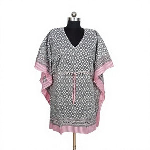 Vestido Kaftan Largo para Mujer, Tejido con Estampado Bagru Indio, Estampado a Mano, 100% Algodón Orgánico - Product Image 1