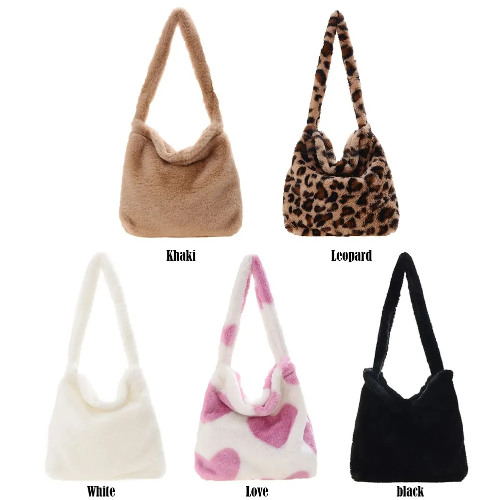 2024 Wholesale Leopard Print Bags For Women Soft Plush Shoulder Bags Female Large Capacity Travel Bag Winter Warm Fluffy Totes