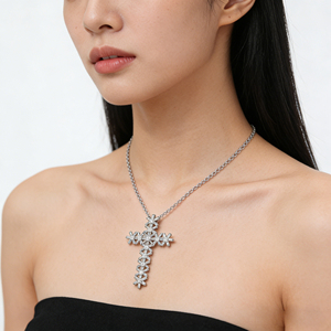 CUSTOM SILVER 10K/14K/18K GOLD PLATED LAB GROWN CVD DIAMOND CLASSIC ENGAGEMENT <b>GIFT</b> SWEATER CHAIN NECKLACE CROSS PENDANT - Product Image 4
