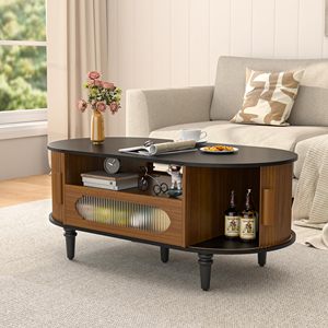 Table basse en bois SENYU de style moderne du milieu du siècle avec étagère de rangement, design ovale, meubles de salon, finition naturelle, plateau noir - Product Image 3
