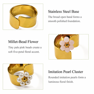 Anillo Abierto Floral de Acero Inoxidable con Cuentas de Mijo Rosa y Racimo de Perlas de Imitación, Banda Ajustable en Color Dorado - Product Image 3