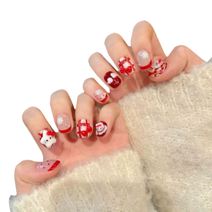 <span class=keywords><strong>Uñas</strong></span> Postizas Francesas Hechas a Mano con Diseño <span class=keywords><strong>de</strong></span> Gatito Navideño, Estampado <span class=keywords><strong>de</strong></span> Leopardo Corto en Rojo y Blanco para Dedos - Product Image 1