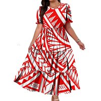 Robe longue maxi à volants pour femmes grandes tailles, bleu royal et noir, motif tribal polynésien géométrique, manches courtes bouffantes, style ample