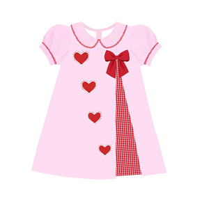 Vestido Rosa de San Valentín para Niña, con Apliques de Corazón Rojo, Cuadros Rojos, Mangas Abullonadas y Cuello Peter Pan - Product Image 5