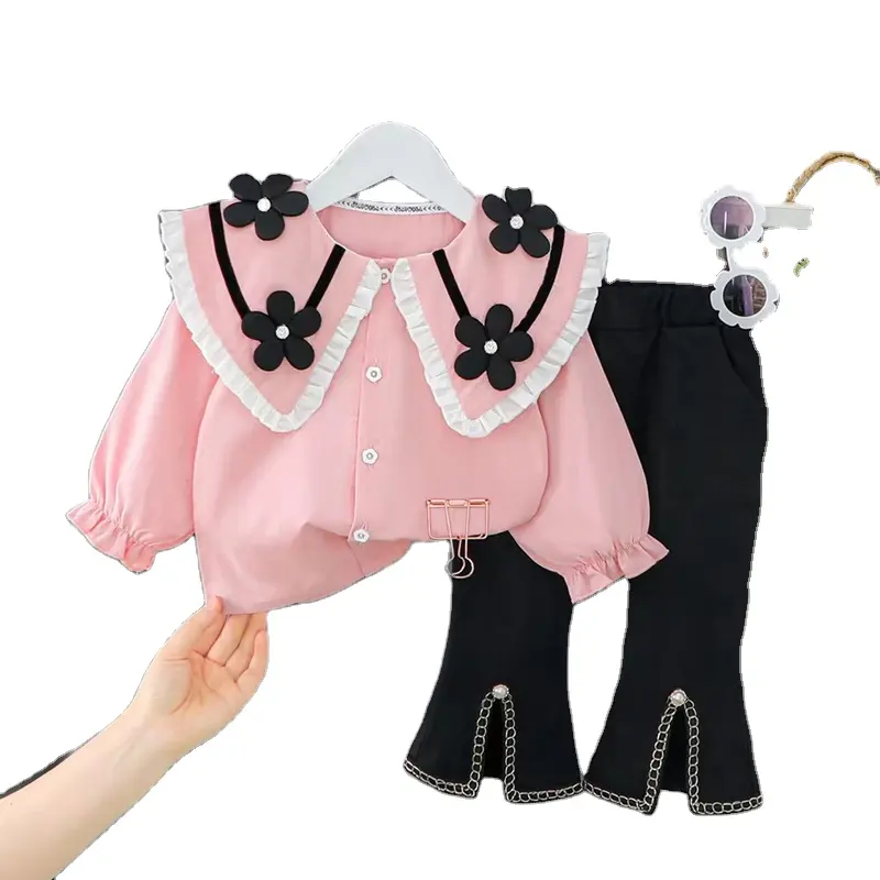 2024 Autumn New Children's Clothing Cute Lapel Flower Big Shirt with Bell Bottoms Two-Piece Set for Girls Baby Suit