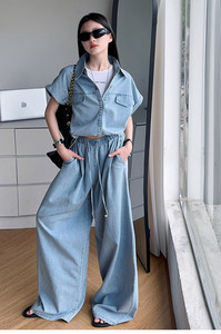 Ensemble 2 pièces pour adolescente 2026 : Chemise <span class=keywords><strong>d</strong></span>écontractée à manches courtes en jean fin bleu clair + Jean large - Product Image 6