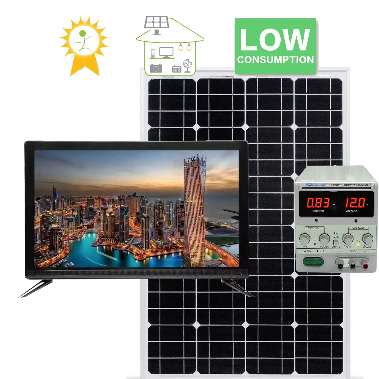 Africa market hot selling solar AC DC 12v tv 15"17"19"22"24"32'43' for solar home generator kits or connect battery to use