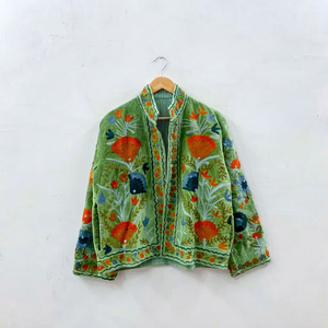 Green Hand Embroidered Floral Breathable Jacket Stand Collar Full Sleeve Cotton Women's Ethnic Bohemian Style Spring <b>Coat</b> - Product Image 1