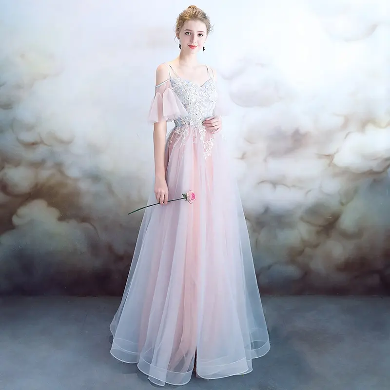 fashion princess evening dress off shoulder illusion sleeves embellished pink mermaid Wedding Dresses ball gown