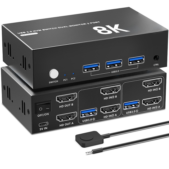 8K HD&MI 2.1 KVM Switch with 2 USB 3.0 Ports Dual Monitor for Switcher for Computers-in Stock 1 Year Warranty