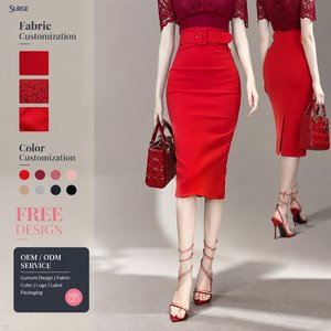 <span class=keywords><strong>Falda</strong></span> Midi Lápiz Bodycon de Poliéster y Spandex <span class=keywords><strong>Roja</strong></span> para Mujer, <span class=keywords><strong>con</strong></span> Cintura Alta, Cinturón Ancho <span class=keywords><strong>con</strong></span> Hebilla y Detalle de Encaje, Venta al por Mayor Personalizada - Product Image 1