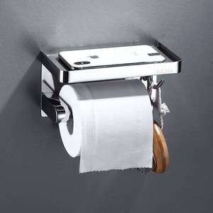 Porte-papier toilette mural en acier inoxydable avec étagère, design moderne, porte-serviettes de salle de bain, style minimaliste rectangulaire - Product Image 4