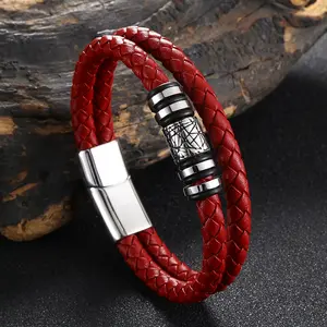 Retro Pulseras Para Hombres Hand-woven Magnet Buckle Men's Leather Red Bracelet Bangle with Stainless Steel Clasp