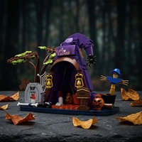 Ensemble de construction de maison chapeau de sorcière d'Halloween, scène effrayante avec arbre, pierre tombale, épouvantail, citrouille, briques, décoration DIY, cadeau2