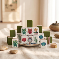 Jeu de Mahjong américain Danse du Lion Chinois, 3 couches, tuiles en acrylique vert beige, motif personnalisé Lotus Bambou, cadeau de jeu