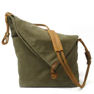 Grosir tas bahu uniseks Retro selempang lipat tas populer tas Tote pria katun kanvas Logo kustom dengan tali kulit