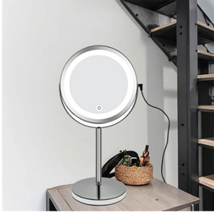 Espejo de maquillaje de <span class=keywords><strong>escritorio</strong></span> regulable de doble cara blanco de estilo nórdico Base de acero al carbono LED Control <span class=keywords><strong>remoto</strong></span> moderno Fuente de alimentación de CA - Product Image 1