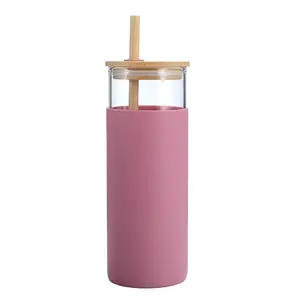 20oz Glass Tumbler With Straw And Protective Silicone Sleeve BPA Free Iced Coffee Water Bottle Bamboo Lid