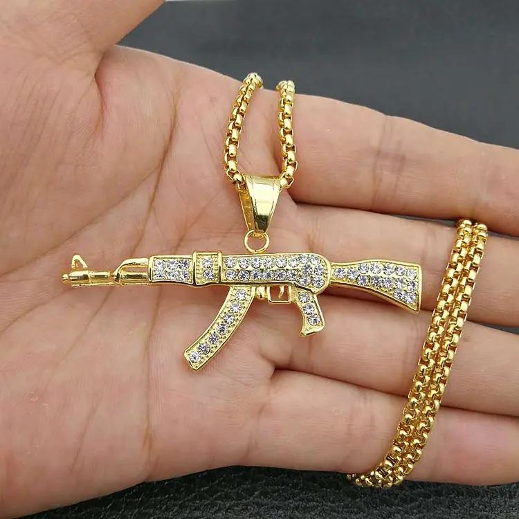 Mens Stainless Steel Iced Out Diamond Hip Hop Fashion Gold Submachine UZI Gun Pendant