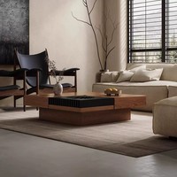 Table basse coulissante en placage de noyer avec rangement dissimulé, plateau à fruits et grand tiroir, style Mid-Century Modern pour la maison et l'hôtel