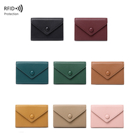 Dompet Kartu Kredit Wanita Lucu Warna Hitam dari Kulit PU Bertekstur, Dapat Diperluas dengan Kancing, Dilengkapi RFID Blocking, Model Amplop