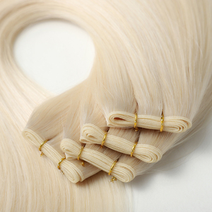 高級品質の手結びウェフト、ボリュームのあるジェニュインウェフトヘアエクステ、ブロンド、ダブルドローン、ナチュラル、未加工、バージン、インド産ヘア - Product Image 2