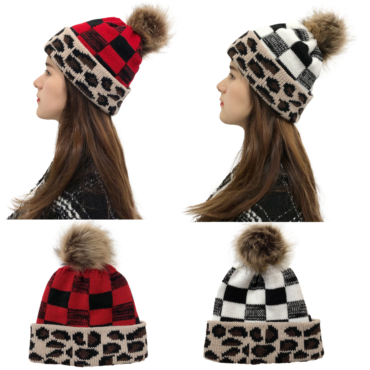 Fur Pompom Custom Knitted Leopard Print Beanie Hat