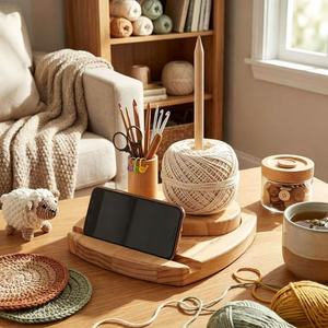 Wooden Yarn <b>Storage</b> <b>Rotating</b> Spool <b>Rack</b> With Phone Stand Desktop Organizer 360 Degree Rotation Knitting Craft Supply Holder - Product Image 1