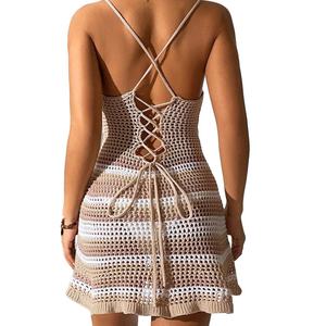 Robe mini décontractée tricotée pour femme, sans manches, découpée, style color-block, respirante, en crochet, pour la plage, personnalisable en 3D - Product Image 2