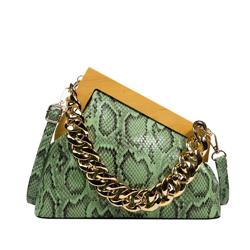 Brand triangle wooden clip handbags womens Pu snake pattern shoulder crossbody bag female thick chain underarm bags purses 2022