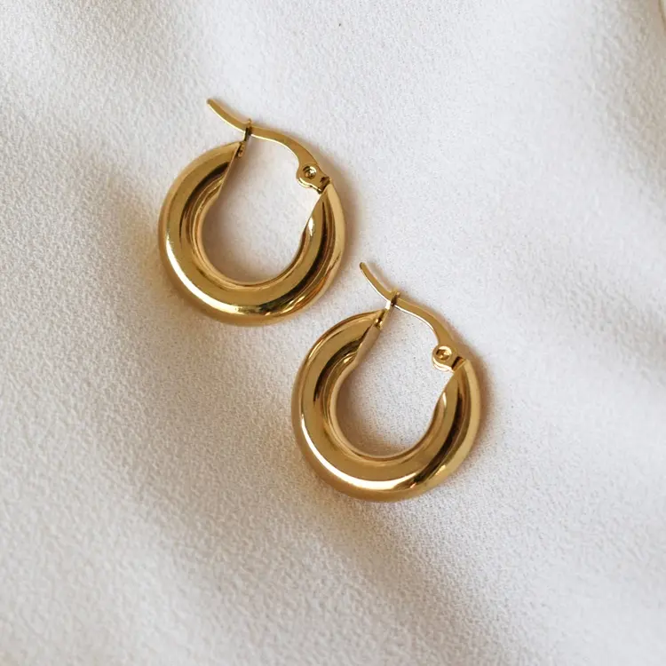 Minimalist Women Jewelry 316L Stainless Steel Hypoallergenic 18k Gold Plated Chunky Thick Hoop Earrings
